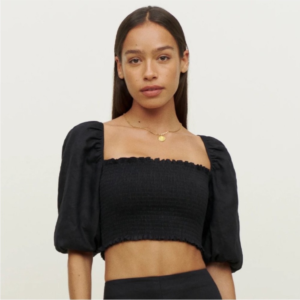 NWT Reformation Scarlett Linen Crop Top Black‎ Size 10